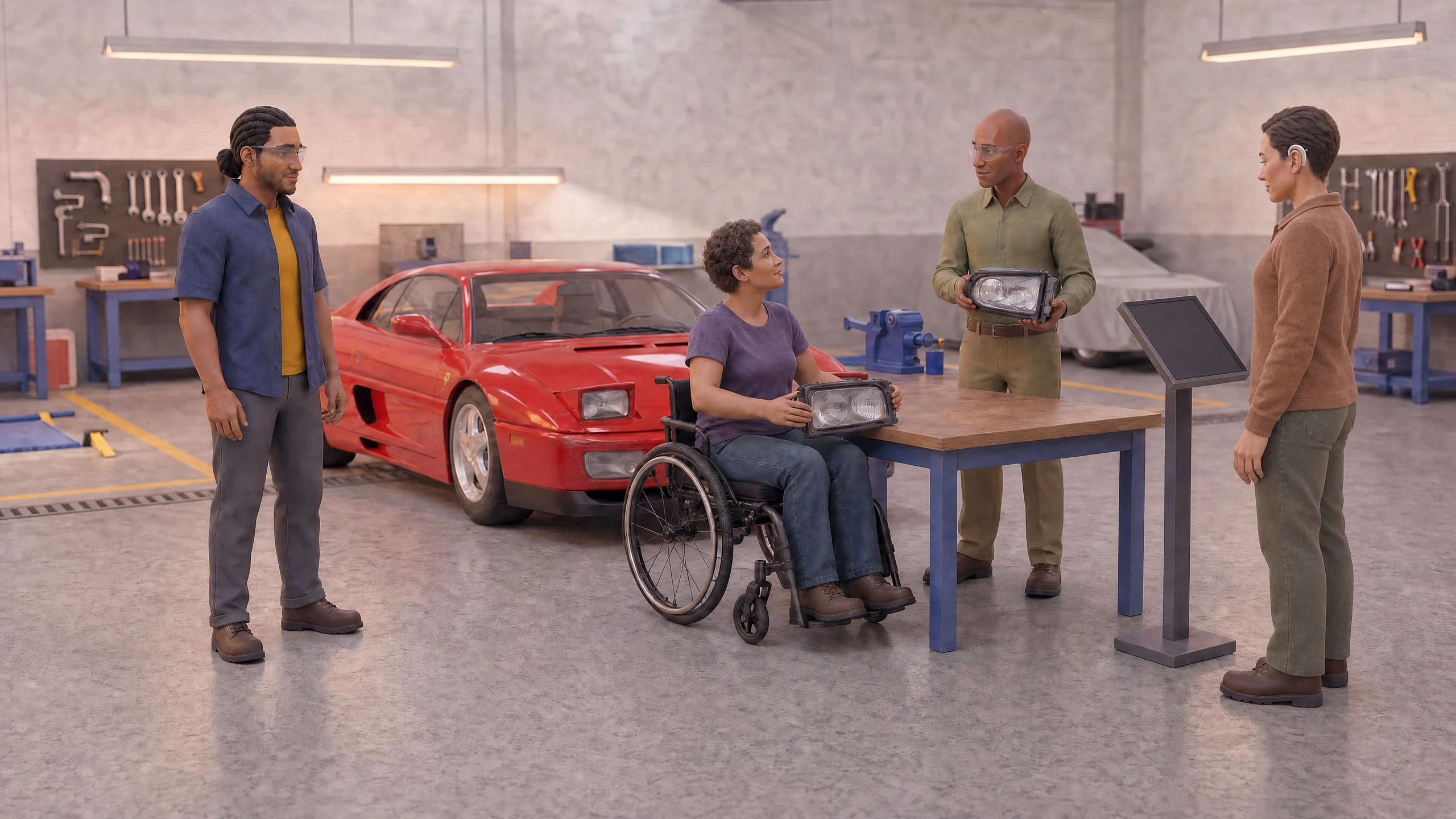 Fictional learners and an instructor exploring a headlamp together in an accessible concept shop