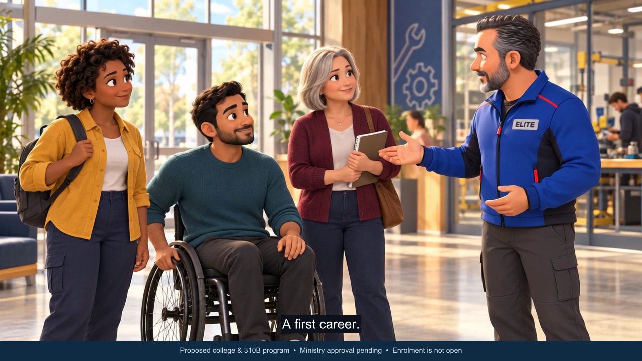 AI-created concept scene: a wheelchair user inspects a headlamp with an instructor; a learner with a hearing aid stands by a tablet and Jordan joins them. This is not an operating college classroom.