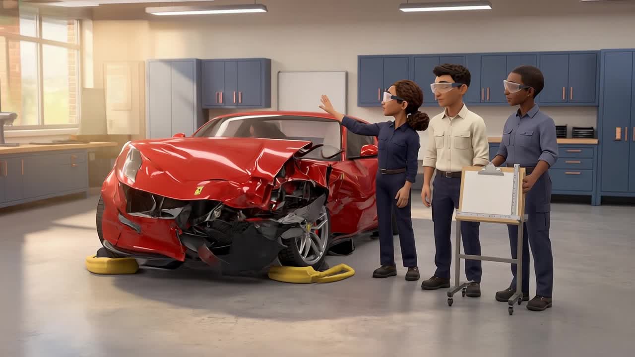 Animated learners beside a damaged red Ferrari in a fictional collision-repair shop