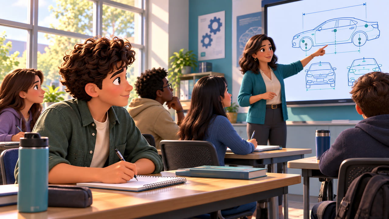 Animated classroom discussion of vehicle dimensions and structure shown on a board