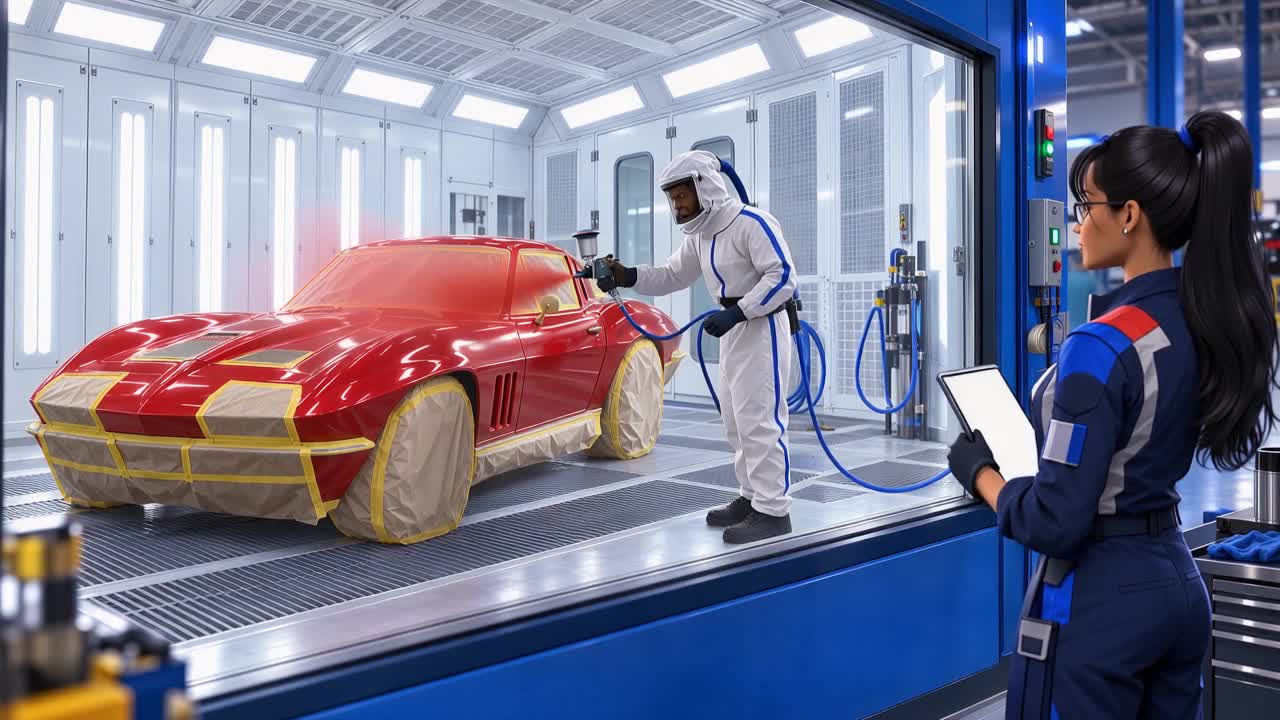 Animated refinishing scene with a protected painter inside a spray booth and an observer outside